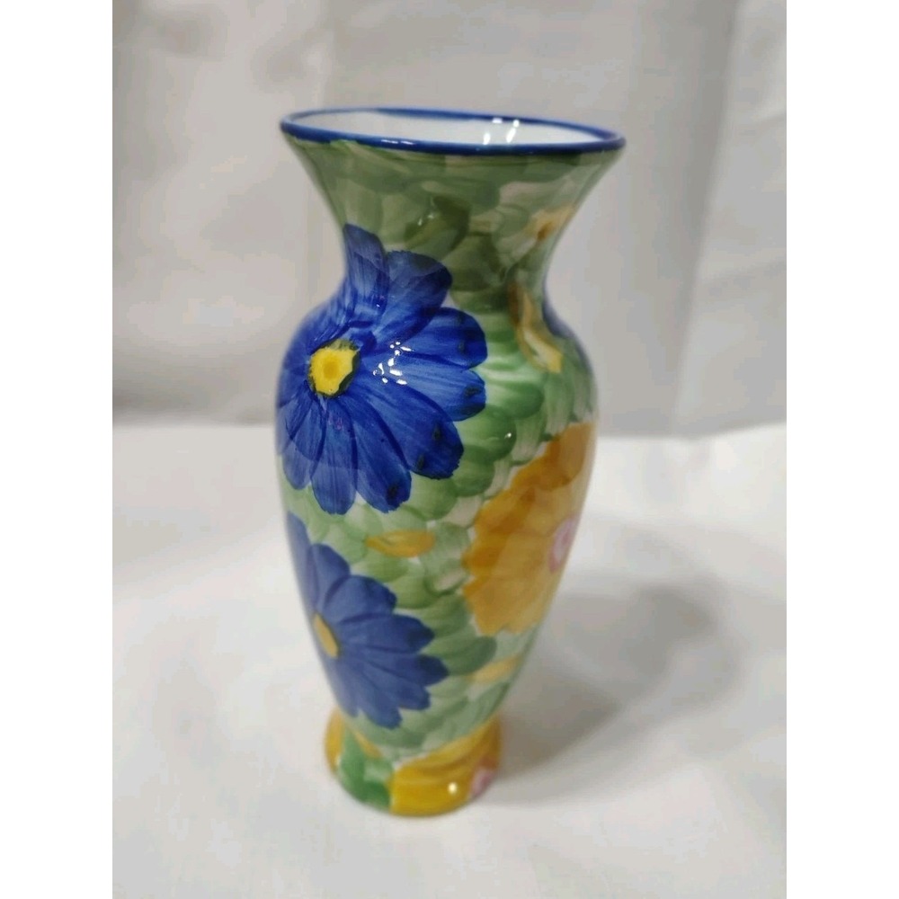 Springtime Brilliance Large Yellow And Blue Painted Flowers 7.5 " Ceramic Vase